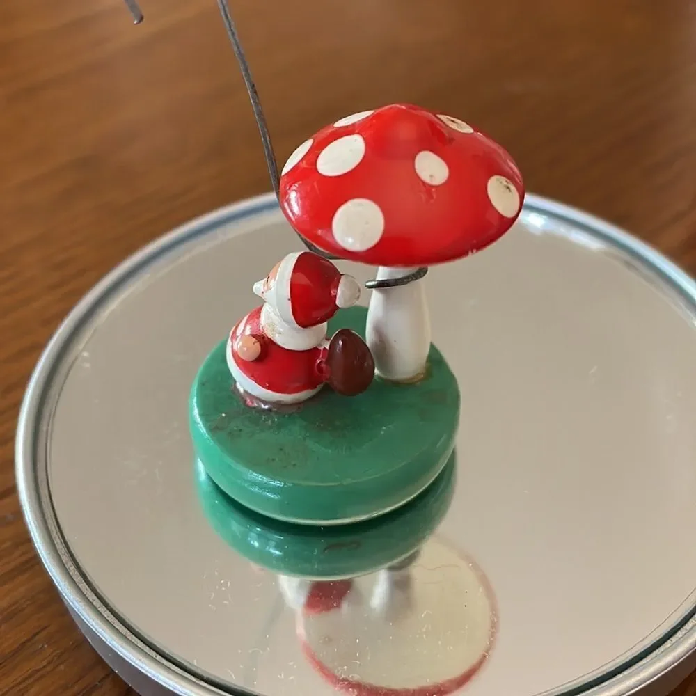Tiny vintage Goula‎ Spain wooden Santa under a toadstool